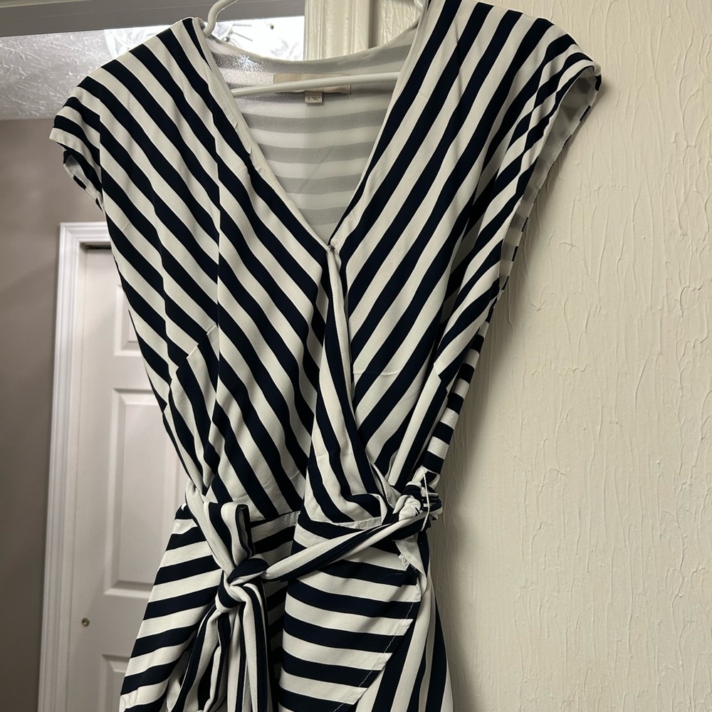 LOFT Navy and White Striped Midi Dress